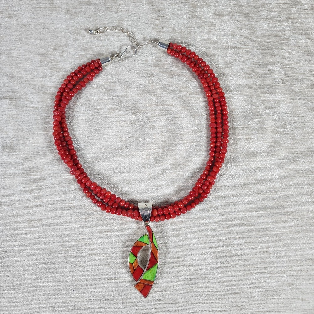 Jay King DTR - Sterling silver - red coral, green gemstone - PENDANT NECKLACE
